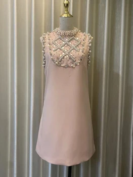 Новая мода 2023, Женское летнее платье без рукавов, Расшитое бриллиантами, жемчугом, расшитое бисером, Розовое повседневное вечернее мини-платье