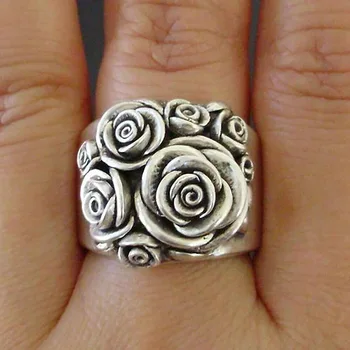 Винтажные кольца с резьбой по металлу серебристого цвета с розами для женщин, Эффектное кольцо, любовный подарок для девочек, ювелирные изделия