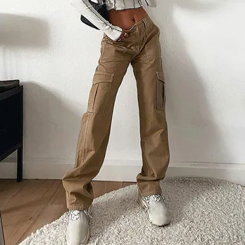 Женские уличные брюки-карго, свободные брюки с низкой талией, широкие мешковатые джинсы с карманами, свободные джинсы в стиле Kpop Punk, осень