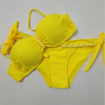 Желтая пляжная одежда, купальник большого размера, женские купальники, комплект бикини Пуш-ап, Бюстгальтеры для девочек, купальник 3XL, Бандо, Купальники 2023