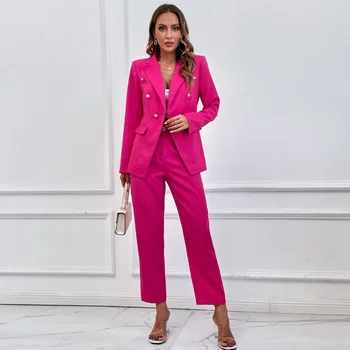 Женский костюм, комплект из двух предметов, Офисный женский блейзер, женская верхняя одежда с длинным рукавом, брюки с высокой талией, модные ярко-розовые комплекты в тон Y2k