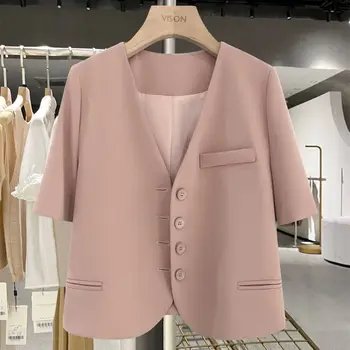 Летний тонкий розовый маленький пиджак женский 2023, новый короткий Джокер, темперамент онлайн-знаменитостей, блейзеры с коротким рукавом, женские топы