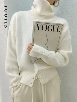 IUOIIN, пуловер с высоким воротом, женские свитера, осень-зима 2023, модная однотонная одежда, удобный Шикарный Теплый вязаный свитер на пуговицах,