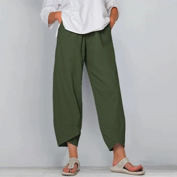 Женские укороченные брюки свободного кроя, льняные хлопковые брюки для отдыха с карманами в стиле бохо, эластичный пояс, офисный костюм большого размера