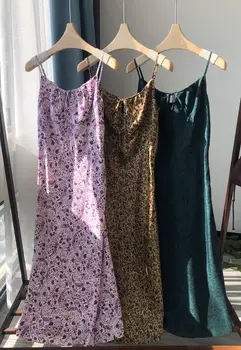 Женское платье Миди из 100% шелка с цветочным принтом, сексуальные женские длинные платья на бретельках без рукавов, Весна-лето