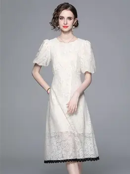 Новое модное однотонное кружевное платье для женщин с коротким пышным рукавом, приталенные женские элегантные жаккардовые платья средней длины с круглым вырезом