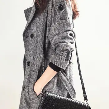 Деловое пальто средней длины, женская зимняя куртка, пальто, шикарное женское шерстяное пальто в клетку, двубортное, средней длины на осень