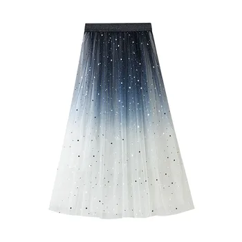 Женская повседневная градиентная юбка в звездочку Для женщин, стильная сетчатая юбка средней длины с эластичным поясом и блестящей юбкой в звездочку