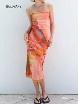 2023 Женский Косой воротник, талия с рюшами, бедра, Миди-халат, облегающее Сексуальное оранжевое сетчатое платье без бретелек с градиентным принтом в виде галстука-красителя