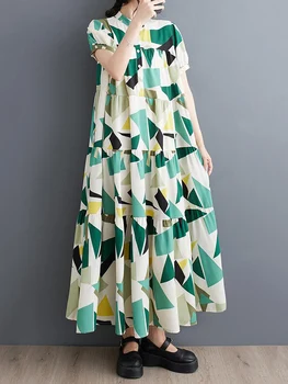 Лоскутное Винтажное платье с принтом, новые Летние платья для женщин, Корейская мода, Свободное Повседневное Длинное платье с коротким рукавом, Элегантная одежда 2023 года