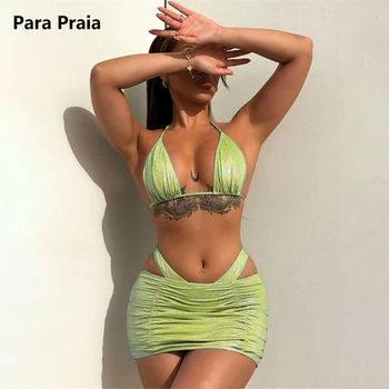 Комплект бикини из трех частей на бретелях Para Praia с юбкой, женские купальники, женский бразильский купальник, бандажный купальник с открытой спиной,