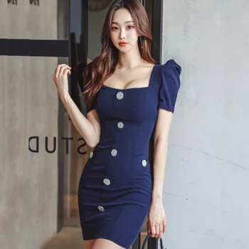 Летнее Новое Корейское тонкое платье-карандаш, женская однобортная модная сумка с квадратным вырезом, профессиональные платья Vestidos