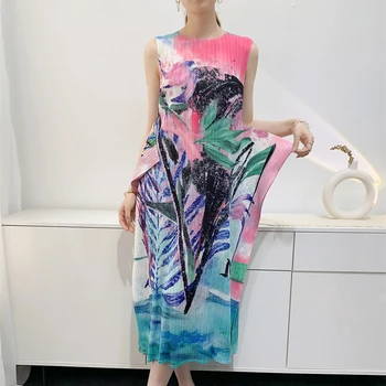 Miyake Плиссированные Изысканные платья с цветочным принтом нестандартной формы для женщин, круглый вырез горловины, без рукавов, Женское элегантное облегающее вечернее платье