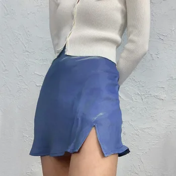 2021 Новая летняя юбка с темным лазерным антибликовым покрытием, готическая юбка с разрезом, женская атласная мини-юбка с разрезными концами, юбки с запахом, летние юбки