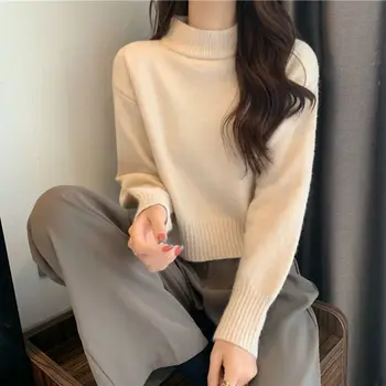 2023 Новая женская осенняя короткая одежда, однотонный свитер с полувысоким воротником, вязаные пуловеры с длинными рукавами, рубашка, женские топы T211