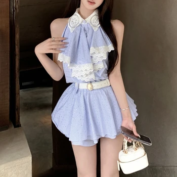Винтажное лоскутное сексуальное Тонкое мини-платье контрастного цвета, женское лето 2023, Новое Корейское Элегантное платье на бретелях в гофрированную клетку с поясом