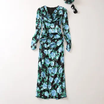 Европейская и американская женская одежда 2023, осень, новое модное платье с ворсистым воротником и длинным рукавом с принтом голубой розы XXL