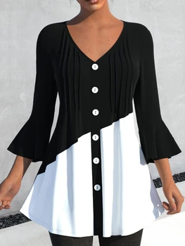 Женская одежда Рубашки и блузки свободного покроя с V-образным вырезом и семью рукавами, блузки большого размера, весенне-летние топы Mujer
