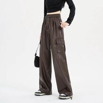 Bonnie thea Осенне-зимние брюки-карго из искусственной кожи, женские свободные, с завязками в стиле ретро, спортивные широкие брюки Y2K