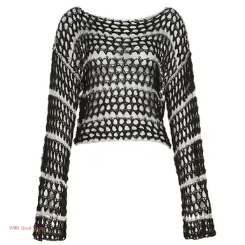 Женский сексуальный прозрачный пуловер с длинным рукавом, футболка, открытый вязаный полосатый свитер с круглым вырезом, укороченный топ, уличная одежда
