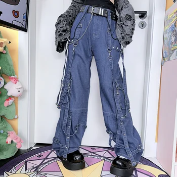 Джинсы-шаровары в стиле пэчворк в стиле рок-панк со свободным поясом для бега трусцой в стиле хип-хоп, Корейские спортивные брюки Harajuku, хлопковый низ брюк