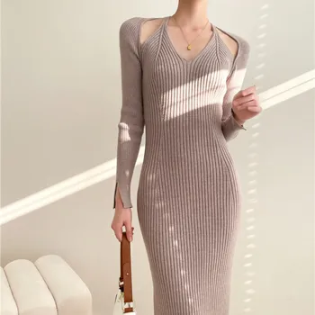 Женское тонкое платье-свитер, однотонные сексуальные платья с разрезным трикотажным низом