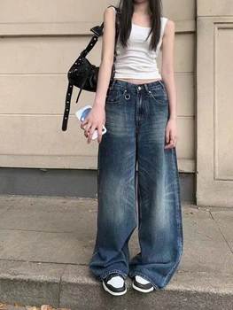 HOUZHOU Мешковатые синие джинсы Женские Винтажные широкие джинсовые брюки 90-х, Корейская уличная одежда Y2k Gyaru, джинсы с высокой талией, Acubi Fashion