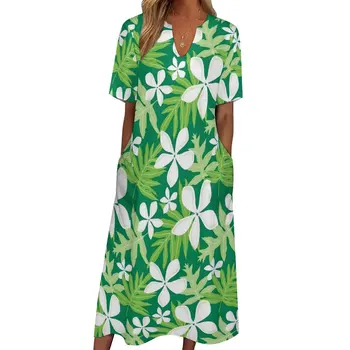 Платье с тропическим цветочным принтом и зелеными листьями, милое макси-платье, уличная одежда, длинные платья в богемном стиле, летняя одежда на заказ с V-образным вырезом, большой размер