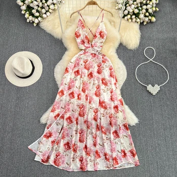 Шикарное платье-комбинация с открытой спиной и разрезом в цветочек, Элегантное сказочное платье, Сексуальное платье трапециевидной формы, Летнее женское пляжное платье для отдыха