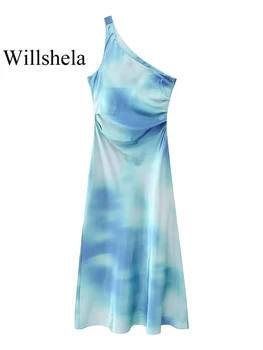 Willshela Женское плиссированное платье миди на молнии сбоку с модным принтом, винтажное асимметричное женское платье на бретельках, шикарные женские платья