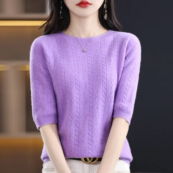 Летняя новая блузка с коротким рукавом, женский 100% однотонный свитер с круглым вырезом, свитер с укороченным рукавом, полый пуловер