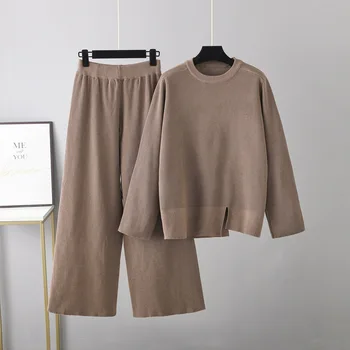 2022 Новые комплекты свитеров, женская осенне-зимняя свободная тканая рубашка, повседневные широкие брюки