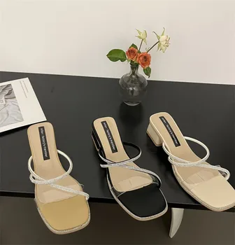 Однотонные босоножки с перекрестной шнуровкой 2023, Летняя женская обувь известного бренда, туфли-лодочки на высоком квадратном каблуке, повседневная женская обувь