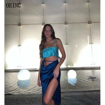 OEING 2023 Сексуальное платье на бретельках для ночной вечеринки в клубе, блестящий укороченный топ, прозрачное платье для пляжной вечеринки, коктейльная вечеринка с высоким разрезом сбоку