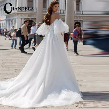 Свадебные платья CHANDELA Beauty с глубоким разрезом и пышными рукавами, тюлевое свадебное платье без спинки Suknia slubna, сшитое специально для женщин