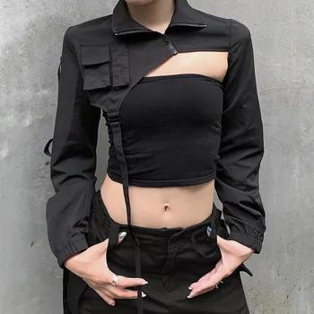 Женская рабочая куртка с отворотом асимметричного дизайна и темно-черным кардиганом на молнии с длинными рукавами