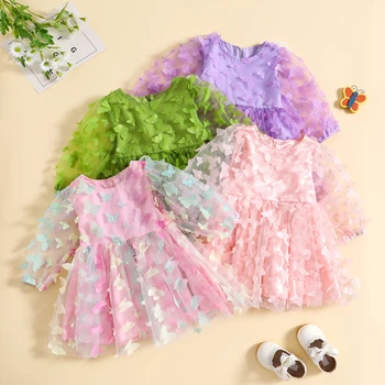 Детское платье принцессы для маленьких девочек с аппликацией в виде бабочки, платье с длинным рукавом, платья для дня рождения малышей, Элегантная весенне-осенняя одежда