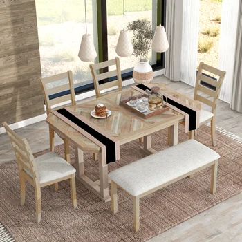 Обеденный стол из 6 предметов из каучукового дерева со столешницей из массива дерева и мягкой подушкой для ресторанной мебели