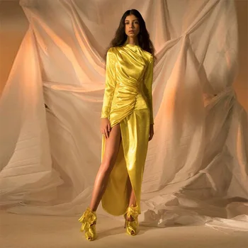 Желтые вечерние платья с длинными рукавами, Саудовская Аравия, платья для выпускного вечера с высоким разрезом, женская официальная одежда Robe De Soiree