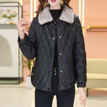 2023, Женская куртка из искусственной кожи без стирки, утолщенный модный топ, уменьшающий возраст, Тонкий меховой воротник, женская верхняя одежда, кожаное пальто L18